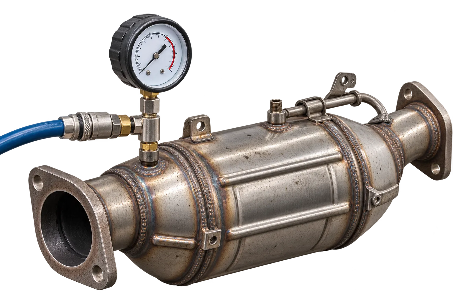 Dieselpartikelfilter mit angeschlossenem Manometer bei der Differenzdruckmessung