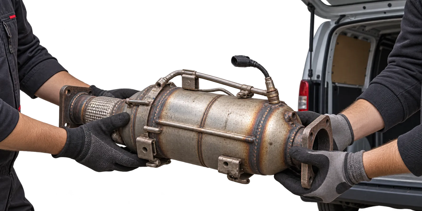 Ein ausgebauter Dieselpartikelfilter wird mit beiden Händen an einem Transporter übergeben