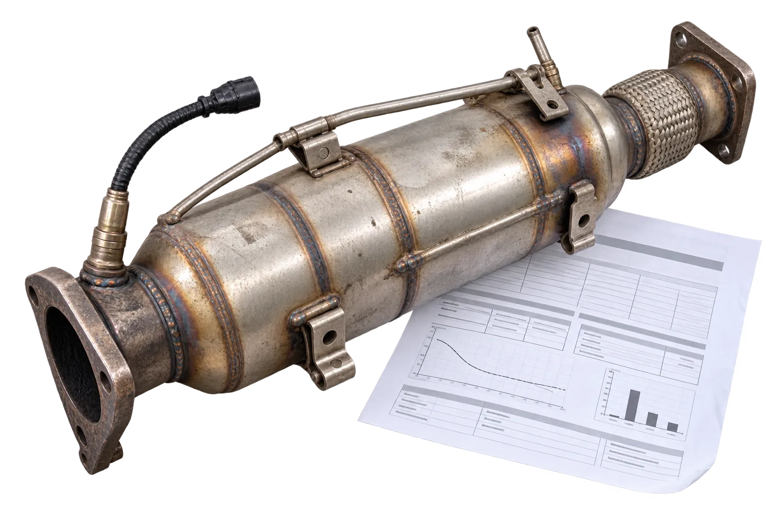 Gereinigter Dieselpartikelfilter neben einem ausgedruckten Messprotokoll