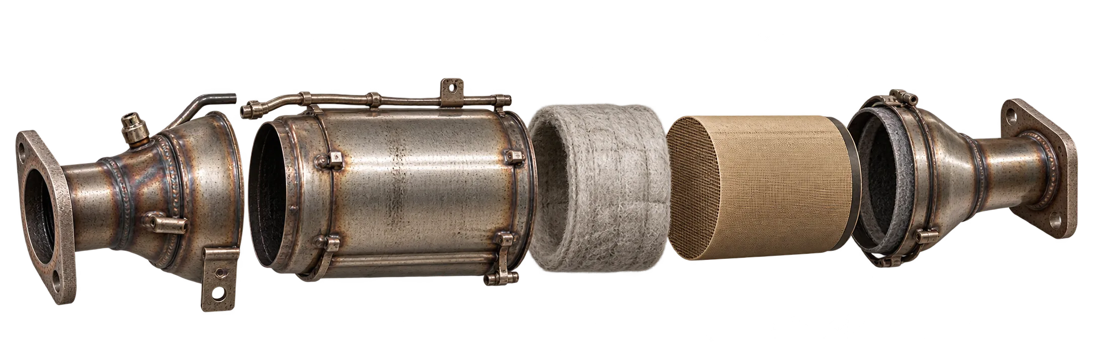 Dieselpartikelfilter in Einzelteilen: Gehäuse, Dämmmatte und keramischer Wabenkörper