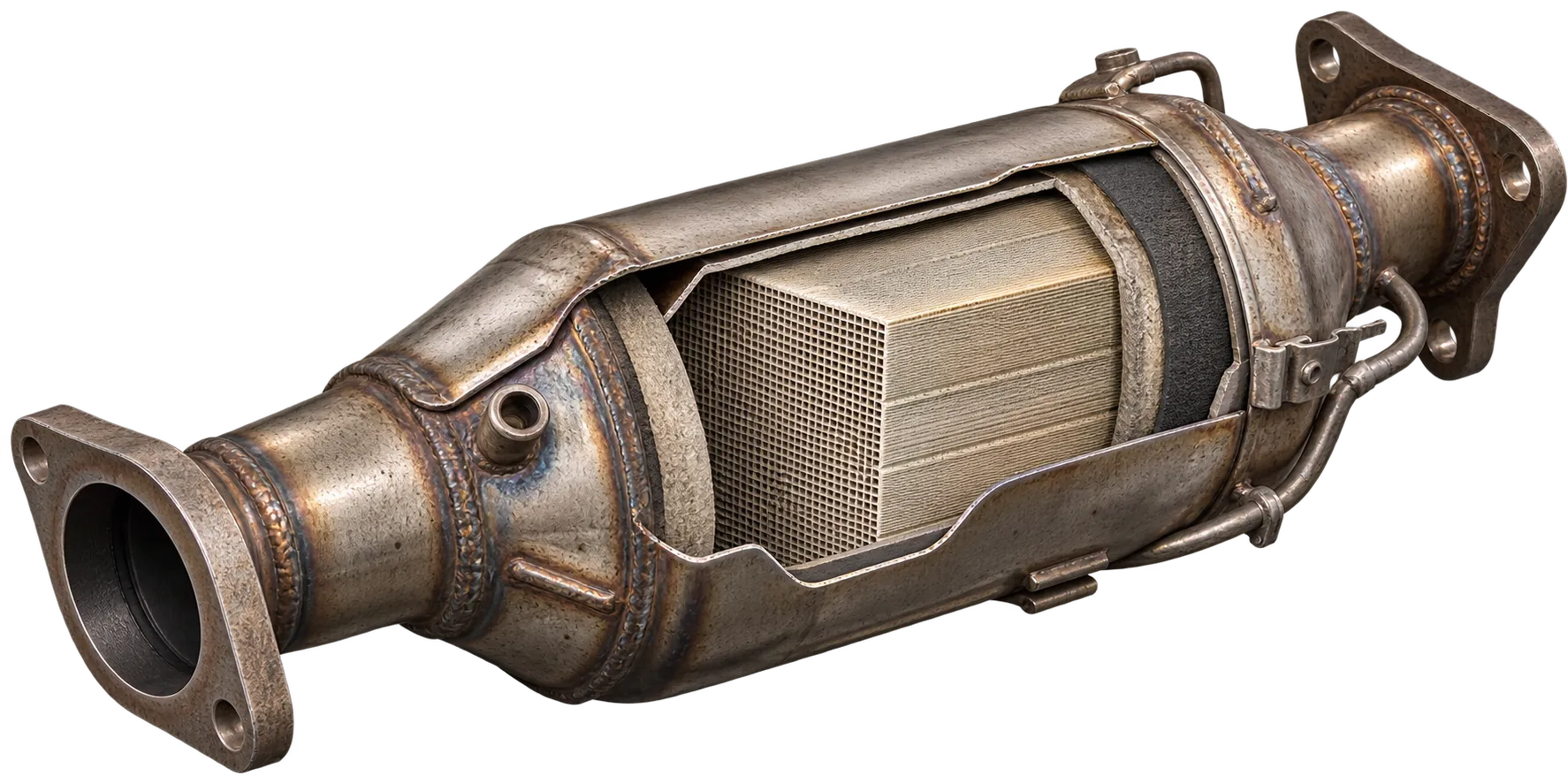 Dieselpartikelfilter im Schnittmodell, der keramische Wabenkörper ist sichtbar