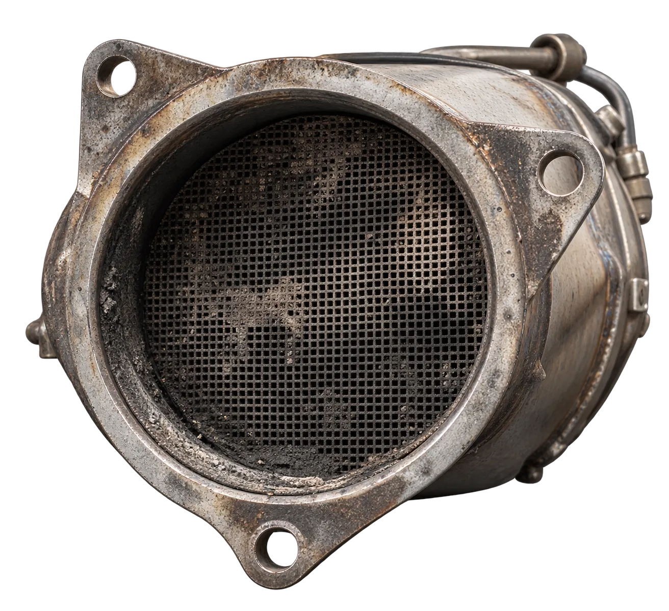 Stirnfläche eines Dieselpartikelfilters, die Kanäle sind schwarz mit Ruß zugesetzt