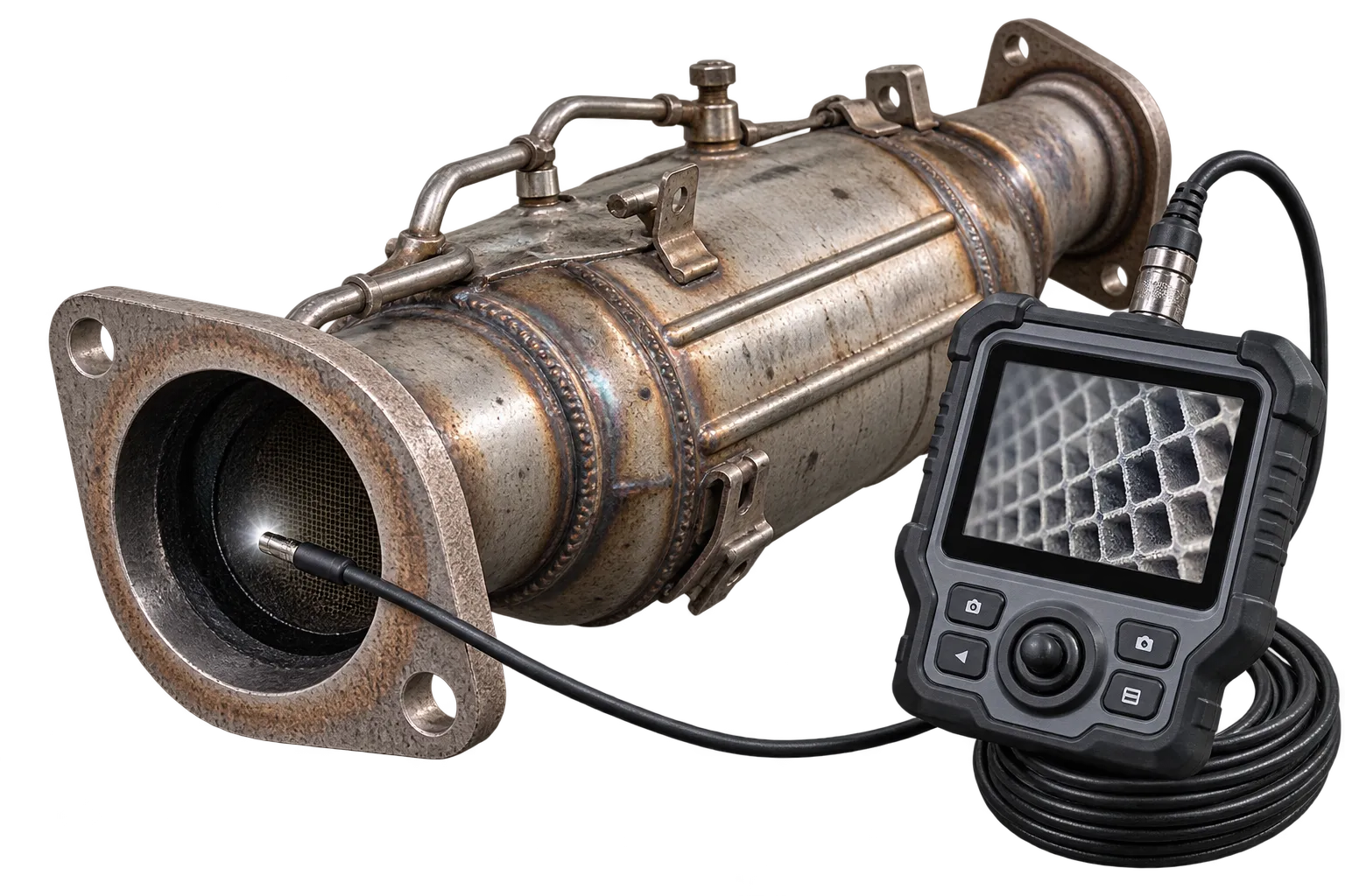 Endoskop-Kamera prüft die Kanäle eines Dieselpartikelfilters, das Bild erscheint auf dem Display