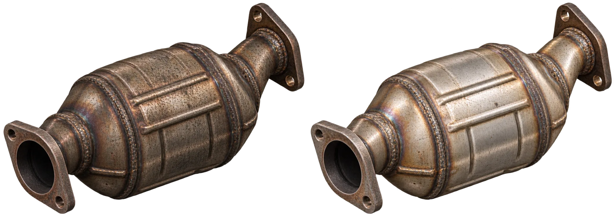 Zwei Katalysatoren im Vergleich, gereinigte Bauteile außen metallisch sauber