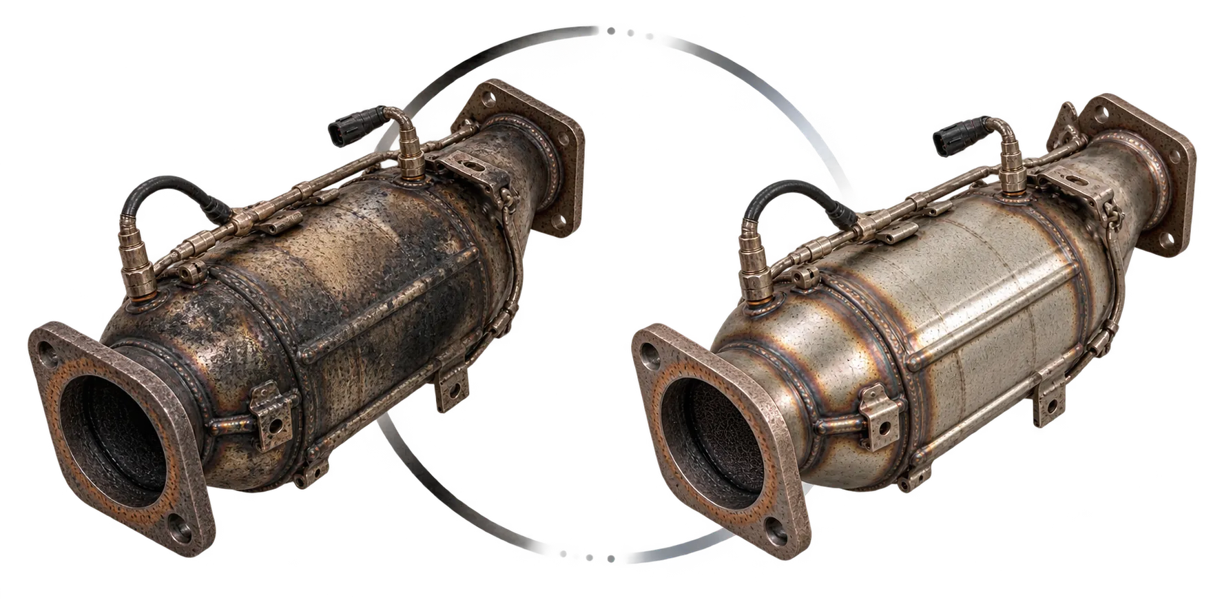 Gereinigter Dieselpartikelfilter neben einem ausgemusterten Bauteil