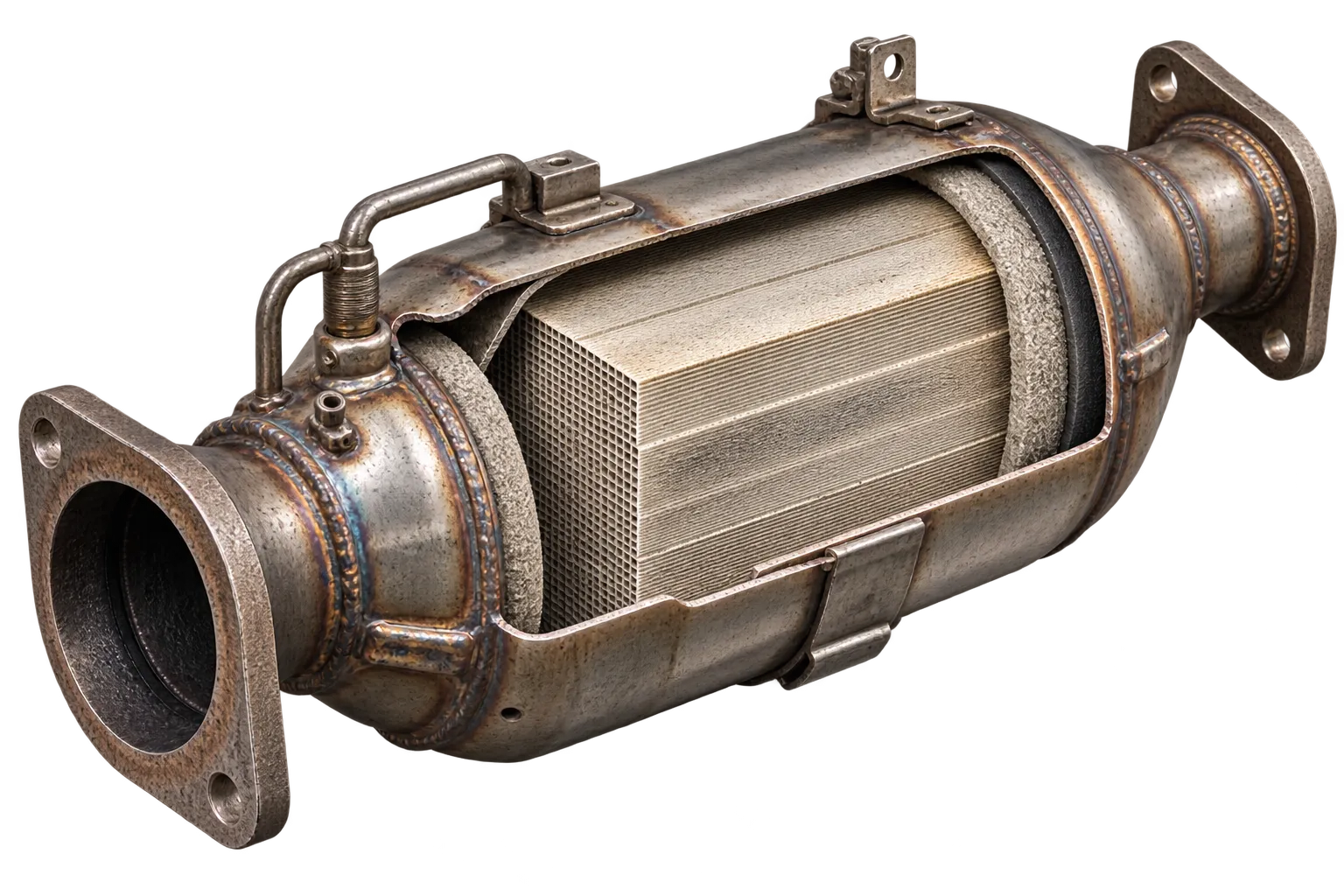 Dieselpartikelfilter mit geöffnetem Gehäuse, der Wabenkörper und die Dämmschicht sind sichtbar